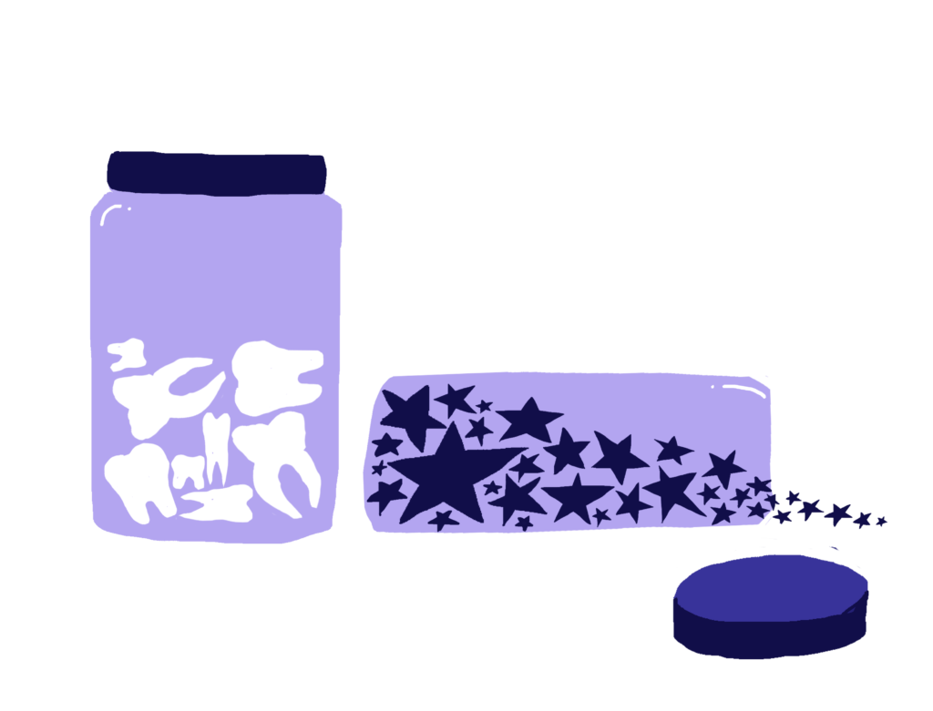 closed jar of teeth and open jar on side with stars spilling out and lid laying in front
